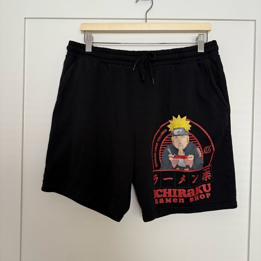 Naruto Shippuden Ichiraku Ramen Shop Fleece Sweat Shorts Mens Size L Black Anime